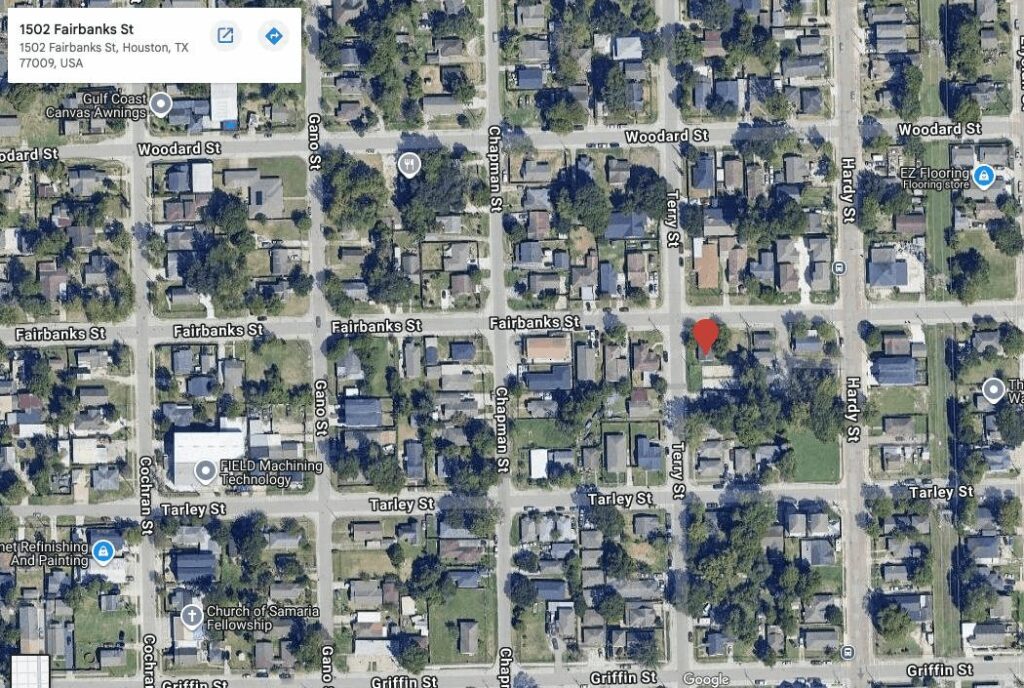 Aerial view of 1502 Fairbanks St, Houston TX 77009